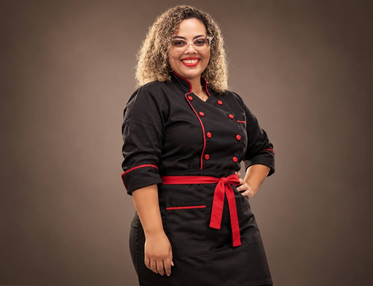 Aline, fundadora da Myrtes Cake, de uniforme de confeiteira, sorrindo.
